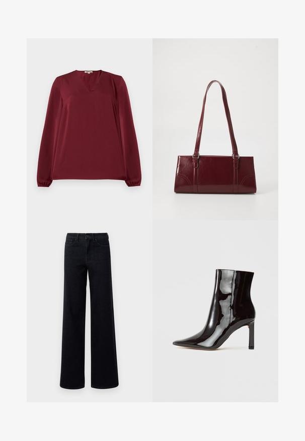 Bordeaux lange mouw blouse met een V-hals, voorzien van geplooide manchetten, een gladde textuur en een relaxed fit. Eenvoudig, minimalistisch ontwerp.; Brede zwarte denim jeans met een hoge taille, voorzien van standaardzakken en een knoopsluiting. Glad textuur met lichte stretch.; Zwarte gepatineerde leren enkellaars met een puntige neus en slanke silhouet. Heeft een stilettohak en een zachte textuur.; Bourgondische handtas van glanzend materiaal, rechthoekige vorm, met twee schouderbanden en subtiele gebogen accenten aan de voorkant.