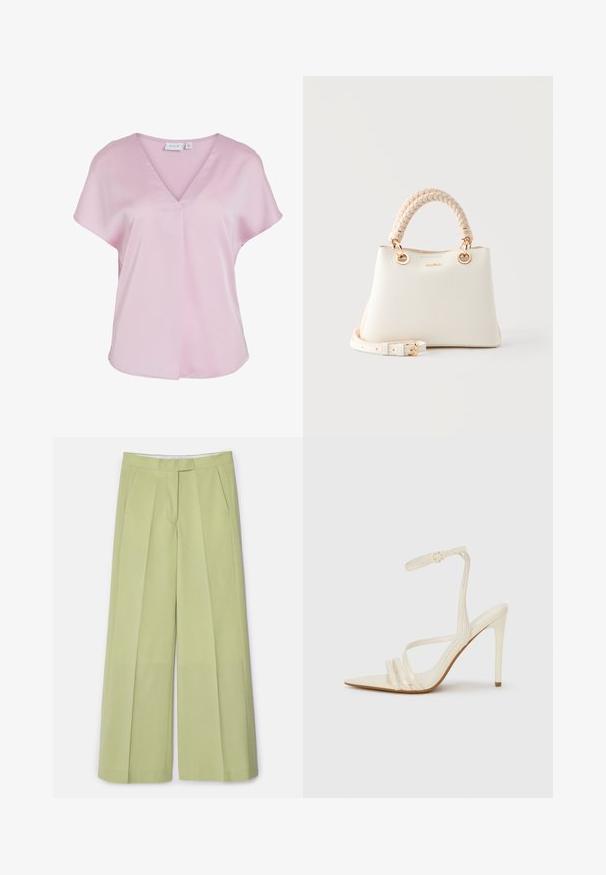 Lichtroze blouse met korte mouwen, V-hals en losse pasvorm, gemaakt van gladde stof, met een klein plooidetail aan de voorkant.; Lichtgroene wijde broek van soepel materiaal, met voorplooien, twee zijzakken en een rechte snit.; Beige sandalen met hoge hak en een puntige neus, voorzien van drie voorste bandjes en een dunne enkelband met een gesp. Gladde textuur, minimalistisch ontwerp.; Crèmekleurige leren handtas met gevlochten bovenhandvat, gouden metalen ringen, een afneembare band en subtiel logo op het midden vooraan.