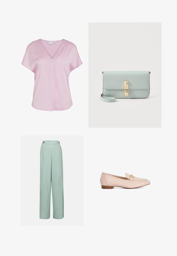 Blusa rosa claro de manga corta con escote en V y corte suelto, hecha de tela suave, con un pequeño detalle de pliegue en la parte delantera.; Pantalones de pierna ancha en verde claro, hechos de tela suave, con una cintura alta, pliegues y botones decorativos en la cinturilla.; Mocasín plano de cuero beige con puntera puntiaguda, tacón bajo de madera y detalle de hebilla dorada en la parte superior.; Bolso de mano de cuero azul claro con cierre rectangular dorado y correa de muñeca desmontable sobre fondo blanco.