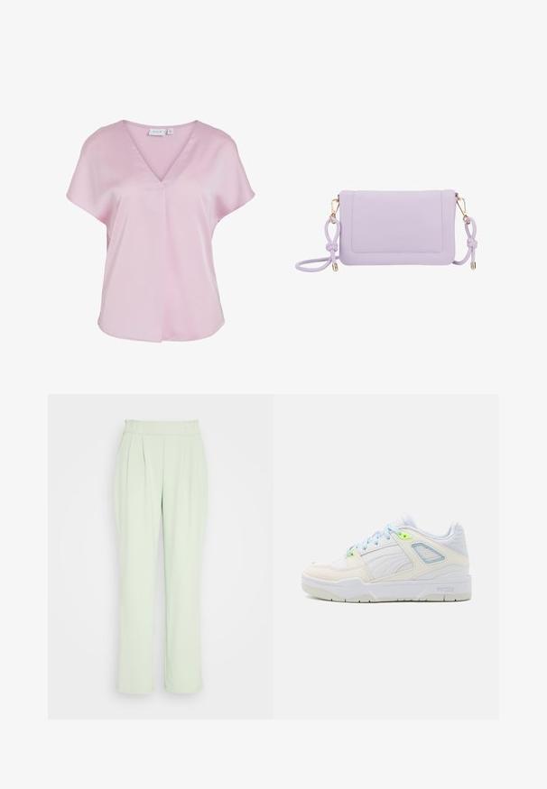 Lyserød kortærmet bluse med V-udskæring og løs pasform, lavet af glat stof, med en lille frontplisse-detalje.; VILA VIFEBA PANTS - Bukser - desert sage; Hvide sneakers med lys blå og neon grønne detaljer. Fremstillet af glat læder og mesh, med en polstret krave og struktureret sål.; Lilla faux læder crossover taske med guldfarvet hardware, forlommer og knyttet stropdetalje. Glat tekstur og rektangulær form.
