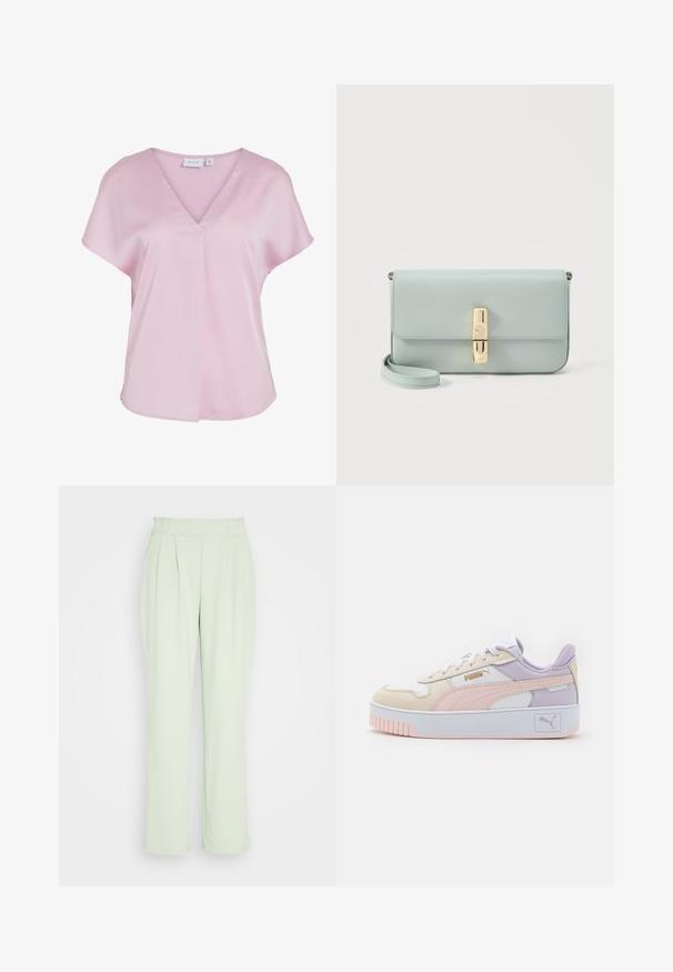 Svetloružová blúzka s krátkymi rukávmi, výstrihom do V a voľným strihom, vyrobená z hladkej látky, s malým predným záhybom.; VILA VIFEBA PANTS - Nohavice - desert sage; Pánske tenisky v krémovej, ružovej a levanduľovej farbe, vyrobené z umelého kože, s bielymi šnúrkami, hrubou bielou podrážkou a zlatými logovými akcentmi.; Svetlomodrá kožená listová kabelka so zlatým obdĺžnikovým zapínaním a odnímateľným remienkom na zápästie na bielom pozadí.