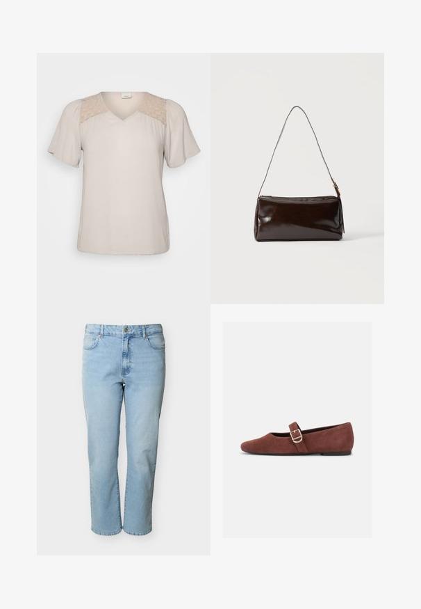 Beige Bluse mit kurzen Ärmeln und V-Ausschnitt, mit strukturiertem Oberteil und Spitzenbesatz an den Schultern. Weiches Material mit lockerer Passform.; Hellblaue Jeans aus Denim mit geradem Bein, fünf Taschen, Knopfverschluss und Gürtelschlaufen, präsentiert vor einem weißen Hintergrund.; Brauner Wildleder-Mary-Jane-Flachschuh mit goldener Schnallenriemen und schwarzer Sohle vor weißem Hintergrund.; Dunkelbraune rechteckige Lederschultertasche mit einem einzelnen dünnen Riemen und goldfarbener Schnalle vor einfarbigem Hintergrund.