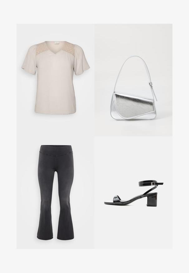 Beige kortærmet bluse med V-hals, præget af en tekstureret krop og blonder på skuldrene. Blødt stof med en løs pasform.; ONLY Carmakoma Flared fit CARROYAL Mid waist - Flared jeans - washed black; Sort laklædersandal med blokhæle, åben tå og ankrem med spænde, vist fra siden på hvid baggrund.; Sølvmetallic håndtaske med en trekantet form, glat overflade og en tynd, justerbar skulderrem. Har et fold-over design med syninger.