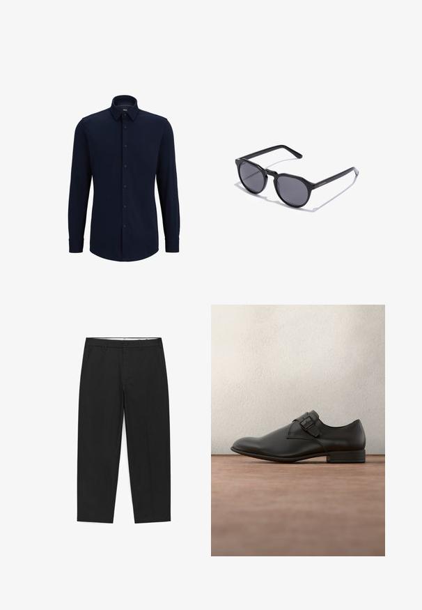 Marineblaue Langarmhemd aus gewebtem Stoff, mit klassischem Kragen, geradem Schnitt und vorderer Knopfverschluss.; Schwarze, gerade geschnittene Hose mit Gürtelschlaufen, vorne mit Knopf- und Reißverschluss sowie Seitentaschen, flach auf einem weißen Hintergrund ausgelegt.; Schwarzer Lederschuh mit glatter Textur, abgerundeter Spitze, seitlichem Schnallendetail und niedrigem Absatz, über einer grauen Oberfläche positioniert.; Schwarze Sonnenbrille mit runden, dunklen Gläsern und einem dicken, glänzenden Kunststoffrahmen. Besitzt leichte kantige Akzente auf dem Nasenbügel und den Bügeln.