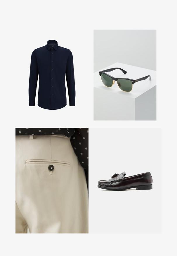 Marineblauwe langemouwen overhemd met knopen, gemaakt van geweven stof, met een klassieke kraag, rechte snit en een voorste knoopsluiting.; Beige broek met een gestructureerde stof en een achterzak, gesloten met een zwarte knoop. Subtiele stikselaccenten langs de zak.; Donkerbruine leren loafer met kwastje, een lage hak en gestikte details op het bovenwerk, zijaanzicht tegen een witte achtergrond.; Ray-Ban zonnebrillen met groene lenzen, zwarte plastic monturen en gouden accenten aan de randen. Vierkante vorm met een matte afwerking.