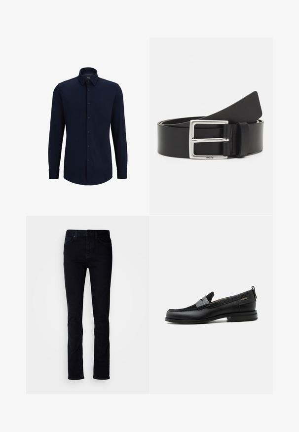 Marineblaue Langarmhemd aus gewebtem Stoff, mit klassischem Kragen, geradem Schnitt und vorderer Knopfverschluss.; Schwarze Denim-Jeans mit Slim-Fit, Fünf-Taschen-Design, sichtbaren Nähten und Knopfleiste. Glatte Textur ohne zusätzliche Muster.; Schwarzer Lederloafer mit grauem Riemendetail, niedrigem Absatz und strukturierter Sohle, seitlich mit „HUGO“ in Gold gebrandmarkt.; Schwarzer Ledergürtel mit einer rechteckigen silbernen Schnalle, verfügt über dezente Markenkennzeichnung und eine glatte Textur. Die Enden laufen zu einer abgerundeten Form zu.