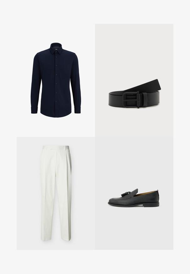 Marineblauwe langemouwen overhemd met knopen, gemaakt van geweven stof, met een klassieke kraag, rechte snit en een voorste knoopsluiting.; Witte, op maat gemaakte broek met hoge taille, broekriemlussen en voorplooien, weergegeven op een effen achtergrond.; Zwarte leren herenslof met kwastjes, ronde neus, lage hak en trekkoord aan de achterkant, zijaanzicht op lichtgrijze achtergrond.; Zwarte leren riem opgerold met matte zwarte metalen gesp op een witte achtergrond.