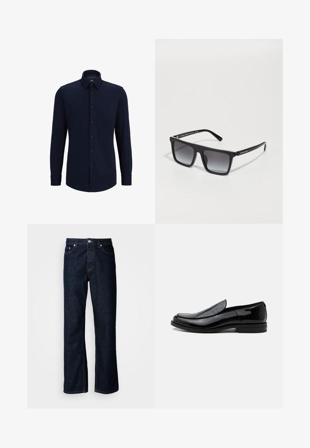 Marineblauwe langemouwen overhemd met knopen, gemaakt van geweven stof, met een klassieke kraag, rechte snit en een voorste knoopsluiting.; Donkerblauwe denim jeans met een rechte pijp, voorzien van een vijfzakkenontwerp, knoopsluiting en oranje stikdetails.; Zwarte glanzende leren instapschoenen met lage hak en afgeronde neus, zijaanzicht op een witte achtergrond.; Zwarte vierkante zonnebril met gradiëntlenzen, slank acetaat kader, subtiele hardwareaccenten, met de merknaam "Michael Kors" op de pootjes.