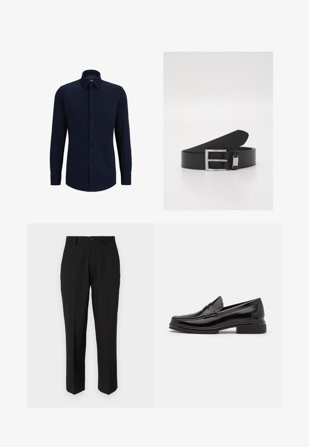 Marineblaue Langarmhemd aus gewebtem Stoff, mit klassischem Kragen, geradem Schnitt und vorderer Knopfverschluss.; Schwarze Hosen aus glattem Stoff mit geradem Bein, Fronttaschen, einem einzigen Knopfverschluss und ohne sichtbare Muster.; Schwarze Lederloafers mit runder Zehenform, ausgestattet mit einer genähten Detail über dem Vorderschaft und einem niedrigen Blockabsatz. Glatte Textur und glänzende Oberfläche.; Schwarzer Ledergürtel mit einer eleganten, glatten Textur, ausgestattet mit einer silbernen Metallschnalle und dezenten Branding-Elementen.