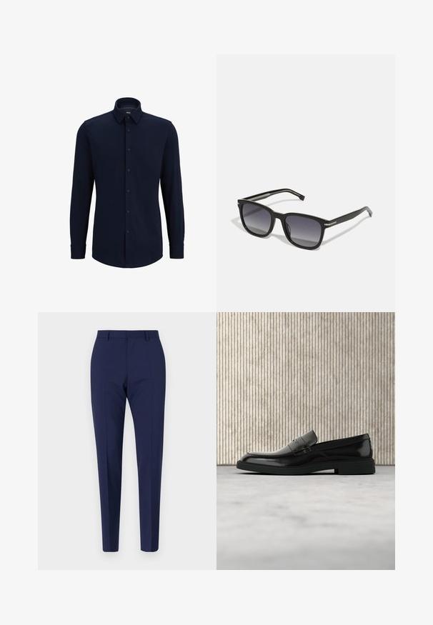 Chemise à manches longues bleu marine, boutonnée, en tissu tissé, avec un col classique, une coupe droite et une fermeture à boutons sur le devant.; Pantalon ajusté bleu marine, avec une coupe slim, présentant une texture lisse, un devant plat et des jambes pliées. Pas de poches visibles ni d'embellissements.; Mocassin en cuir noir poli flottant au-dessus d'un tapis beige avec un mobilier translucide orange en arrière-plan.; BOSS Lunettes de soleil - black