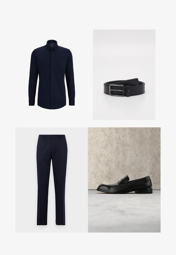 Marineblaue Langarmhemd aus gewebtem Stoff, mit klassischem Kragen, geradem Schnitt und vorderer Knopfverschluss.; Marineblaue Slim-Fit-Anzughose mit Gürtelschlaufen und gepressten Vorderfalten, vor einem schlichten weißen Hintergrund präsentiert.; Schwarzer Leder-Loafer mit Metallakzent, der schwebend über einem beigen Teppich präsentiert wird, im Hintergrund ein runder, bernsteinfarbener Tisch.; Schwarzer Ledergürtel mit schlankem Design, silberner Metallschnalle und glatter Oberfläche. Logodetail in der Nähe der Schnalle.