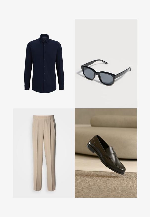 Marineblå langærmet skjorte med knapper lavet af vævet stof, med klassisk krave, lige pasform og frontlukning med knapper.; Beige højttaljede bukser med læg og lige pasform, med en glat tekstur uden synlige pynt eller mønstre.; Sort læderloafer med slankt design og dekorativ rem, vist over et struktureret beige tæppe og neutral sofa baggrund.; Sorte rektangulære solbriller med mørke tonede glas og tykke stel placeret på en lys overflade.