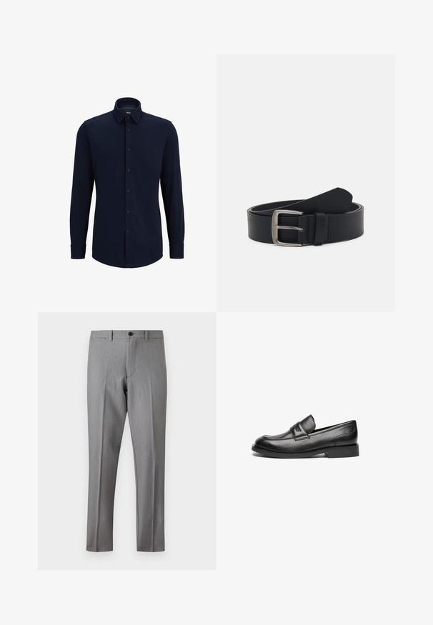 Marineblauwe langemouwen overhemd met knopen, gemaakt van geweven stof, met een klassieke kraag, rechte snit en een voorste knoopsluiting.; Grijze slim-fit pantalon met vooraan knoop en ritssluiting, riemlussen en gestreken plooien over de lengte van de pijpen.; Zwarte leren loafers hebben een afgeronde neus, een gestikte naad over de bovenkant en een lage, platte rubbere zool. Gladde textuur zonder zichtbare patronen.; Zwarte leren riem met een zilveren metalen gesp, voorzien van een gladde afwerking en een klassiek ontwerp. De riem is opgerold met de punt van het uiteinde.