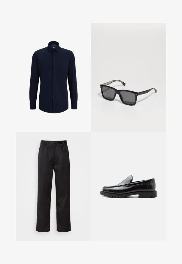 Camisa de botones de manga larga en color navy, hecha de tela tejida, que presenta un cuello clásico, corte recto y cierre frontal de botones.; Pantalones negros de tela suave, con cierre delantero de botón, pliegues y patas rectas. Sin patrones ni acentos visibles.; Mocasín de cuero negro con suela de goma gruesa, empeine cosido y nombre de la marca en relieve en el talón, mostrado en perfil lateral sobre fondo blanco.; BOSS Gafas de sol - black