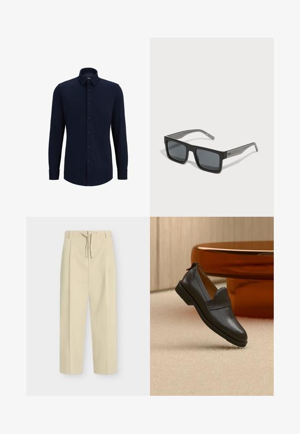 Marineblaue Langarmhemd aus gewebtem Stoff, mit klassischem Kragen, geradem Schnitt und vorderer Knopfverschluss.; Beige gerade Hose mit Gürtelschlaufen und vorderer Bindung, mit einem klaren, maßgeschneiderten Design und strukturiertem Stoff.; Schwarzer Lederloafer mit niedrigem Absatz, der über einem beigen Teppich schwebt, neben einem glänzenden bernsteinfarbenen Tisch in einem minimalistischen Raum.; HUGO Sonnenbrille - black