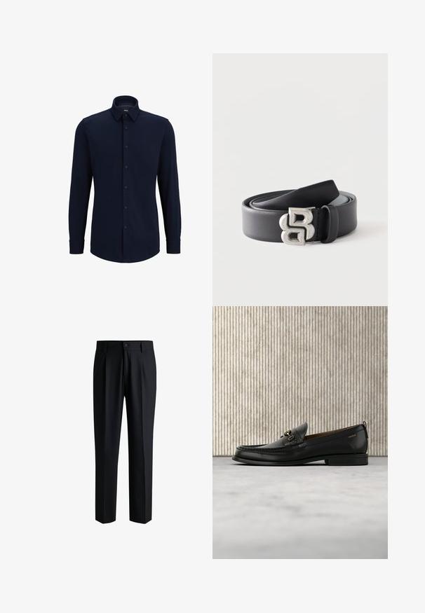 Chemise à manches longues bleu marine, boutonnée, en tissu tissé, avec un col classique, une coupe droite et une fermeture à boutons sur le devant.; Pantalons noirs en tissu lisse, avec une coupe droite, des plis à l'avant et une fermeture à bouton avec passants de ceinture.; Mocassin en cuir noir avec mors en métal doré et logo "HUGO", présenté sur un tapis beige et un meuble translucide marron.; Ceinture en cuir noir enroulée avec une boucle métallique argentée présentant un design stylisé double "B" sur fond blanc.