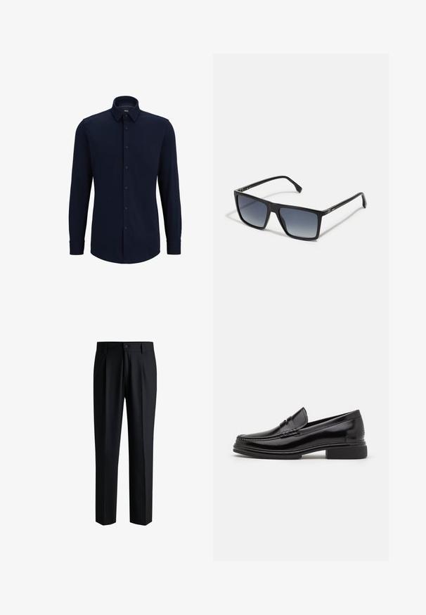 Marineblauwe langemouwen overhemd met knopen, gemaakt van geweven stof, met een klassieke kraag, rechte snit en een voorste knoopsluiting.; Zwarte broek van gladde stof, met een rechte pijpdesign, plooien aan de voorkant en een knoopsluiting met riemlussen.; Zwarte leren instappers met een afgeronde neus, voorzien van een gestikte detail over de wreef, en een lage blokhak. Glad textuur en glanzende afwerking.; Zwarte rechthoekige zonnebril met een vervaagde tint van donker naar licht op de glazen. Plastic montuur met een slank ontwerp en minimale hardware-details aan de zijkanten.