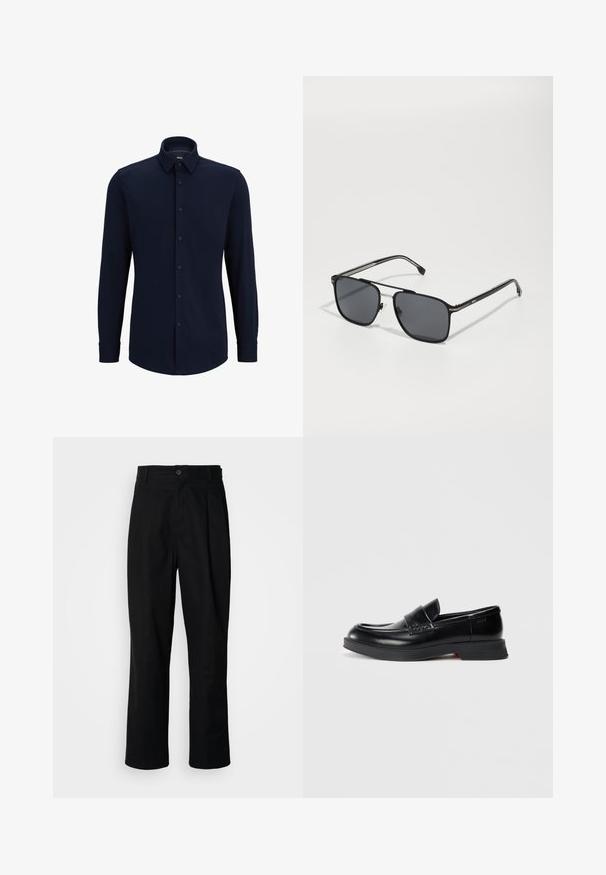 Camisa de botones de manga larga en color navy, hecha de tela tejida, que presenta un cuello clásico, corte recto y cierre frontal de botones.; Pantalones rectos negros con cintura con botones, trabillas para cinturón y pliegue frontal, exhibidos sobre un fondo blanco liso.; Mocasines de cuero negro con un acabado suave, que presentan un panel frontal elevado y un acento rojo en contraste en la suela. Suela de goma plana.; Gafas de sol negras con forma rectangular, montura de metal, lentes gris oscuro y elegantes acentos plateados en las patillas.