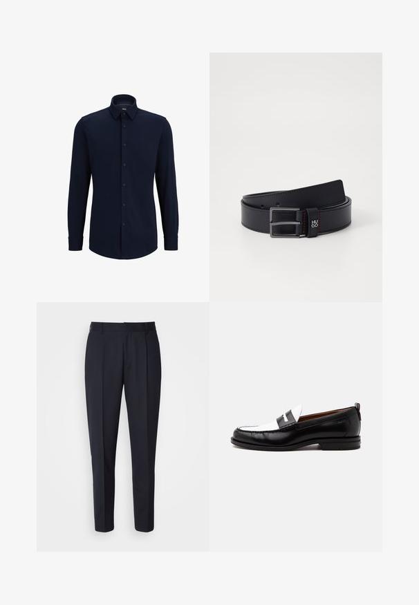 Marineblå langærmet skjorte med knapper lavet af vævet stof, med klassisk krave, lige pasform og frontlukning med knapper.; BOSS PERIN - Bukser - navy; Sort-hvid læderloafer med syning, lav hæl og slip-on design, vist fra siden på en ensfarvet baggrund.; Sort læderbælte med en glat finish, metalspænde og røde syninger. Har et logo nær spænderet og flere justeringshuller.