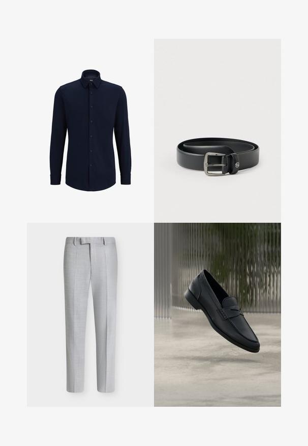 Marineblauwe langemouwen overhemd met knopen, gemaakt van geweven stof, met een klassieke kraag, rechte snit en een voorste knoopsluiting.; Lichtgrijze herenkleedbroek met slim fit, voorplooien, ceintuurlussen en een verborgen vooraan sluiting.; Zwarte leren loafer met een gladde afwerking, puntige neus en gestikte details over de wreef. Lage hak en minimalistisch ontwerp.; Zwarte leren riem met een glanzende zilveren metalen gesp, gladde textuur en gestikte randen. Voorzien van een lus om het uiteinde van de riem vast te zetten.