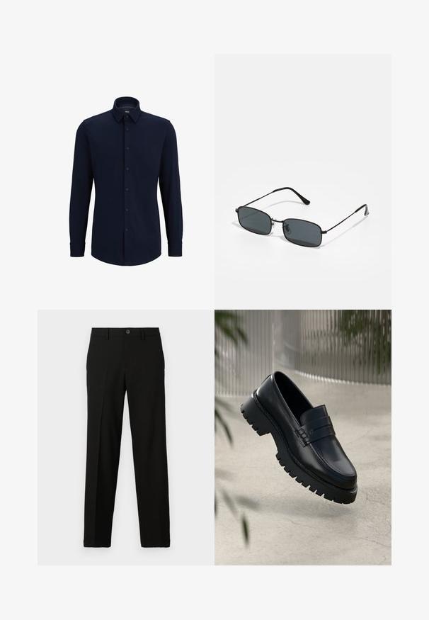 Camisa de botones de manga larga en color navy, hecha de tela tejida, que presenta un cuello clásico, corte recto y cierre frontal de botones.; Pantalones negros de tejido suave, con un corte recto, cierre de botón en la cintura y sin patrones ni detalles visibles.; Mocasines de cuero negro con suela gruesa, que presentan una correa decorativa y detalles de costura. Textura suave con un acabado pulido.; Gafas de sol rectangulares negras con marco delgado de metal y lentes oscuros apoyadas sobre una superficie blanca.