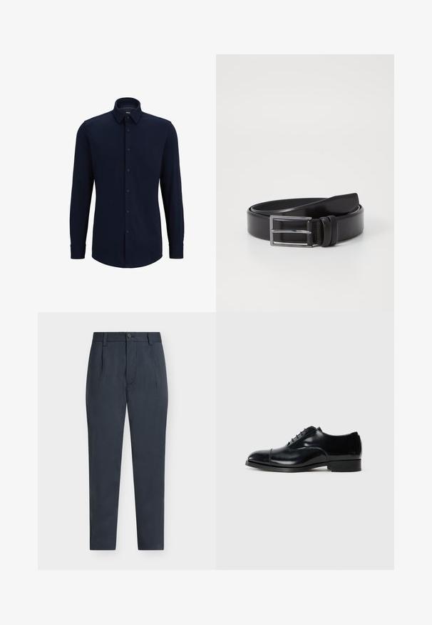 Marineblauwe langemouwen overhemd met knopen, gemaakt van geweven stof, met een klassieke kraag, rechte snit en een voorste knoopsluiting.; Marineblauwe op maat gemaakte broek met riemlussen, knoop- en ritssluiting aan de voorkant, zijzakken en een rechte pijp.; Zwarte leren dresschoenen met een gepolijste afwerking, ronde neus, vetersluiting en een lage gestapelde hak, met een subtiele naaddetail.; Zwarte leren riem met een gladde textuur, voorzien van een zilveren rechthoekige gesp en dubbele spijpdetail. Tijdloos en veelzijdig ontwerp.