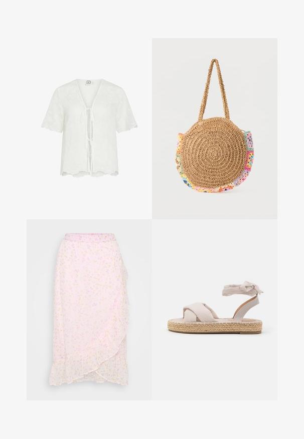Blouse blanche à manches courtes avec broderie florale, bords festonnés, col en V et fermetures à nouer à l'avant.; Vero Moda Petite VMSMILLA WRAP SKIRT - Jupe trapèze - pink a boo/aura; Sandale espadrille beige clair avec des sangles en tissu croisées et un lien à la cheville, comportant une semelle enveloppée de corde de jute et un fond en caoutchouc plat.; Sac à main rond en paille tissée avec une bandoulière courte et des accents multicolores en crochet autour des bords.