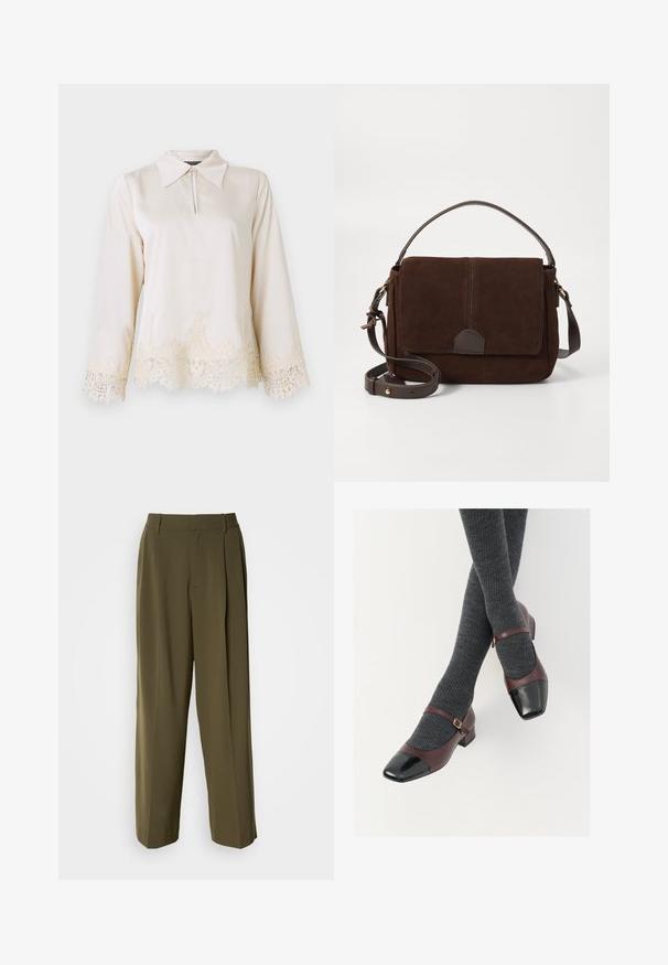 Blouse en crème avec un col, fermeture éclair à l'avant, et manches longues ornées d'une délicate dentelle au bas et aux bords des manches.; Pantalons à jambes larges vert olive en tissu lisse, dotés d'une taille haute, de plis sur le devant et de poches latérales pour plus de fonctionnalité.; Chaussures Mary Jane en cuir bordeaux avec un contrefort en verni noir et une fine sangle à la cheville ; portées avec des chaussettes côtelées gris foncé. Talon carré bas.; Sac messager en daim marron avec un rabat plat à l'avant, des accents en cuir marron, une bandoulière ajustable et un design minimaliste.