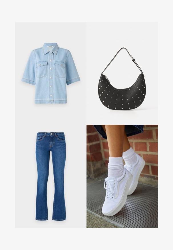 Lichtblauwe denim overhemd met korte mouwen, een puntige kraag, twee borstzakken en zilveren drukknoopjes aan de voorkant. Schone, gladde textuur.; Uitlopende spijkerbroek in middelblauw met een subtiele textuur. Voorzien van vijf zakken, een voorrits en contrasterend stiksel langs de naden.; Witte canvas sneakers met rubberen zolen, voorzien van zes vetertjes, een ronde neus en lichte stikdetails, gecombineerd met witte enkelsokken.; Zwarte leren handtas met een gebogen vorm, versierd met zilveren studs, voorzien van een ritssluiting en een enkele verstelbare schouderband.