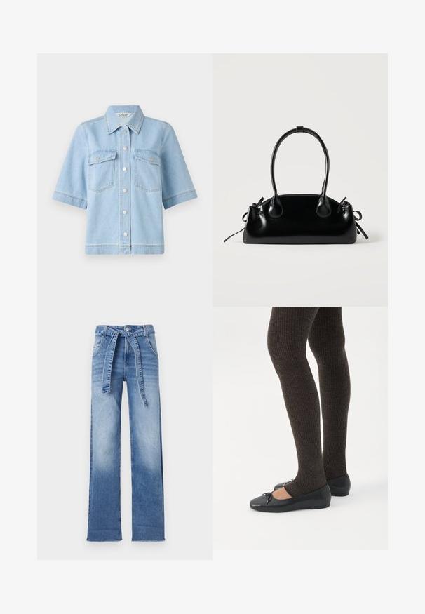 Lichtblauwe denim overhemd met korte mouwen, een puntige kraag, twee borstzakken en zilveren drukknoopjes aan de voorkant. Schone, gladde textuur.; Lichtblauwe denim high-waisted broek met een wijdégi ontwerp, voorzien van een strikriem in de taille en een vervaagde wasafwerking.; Benen met donkere geribbelde leggings gecombineerd met zwarte ballerina's met kleine strikdetails op een witte achtergrond.; Kleine zwarte glanzende handtas met twee lange hengsels en zijkant trekkoord details op een effen lichte achtergrond.