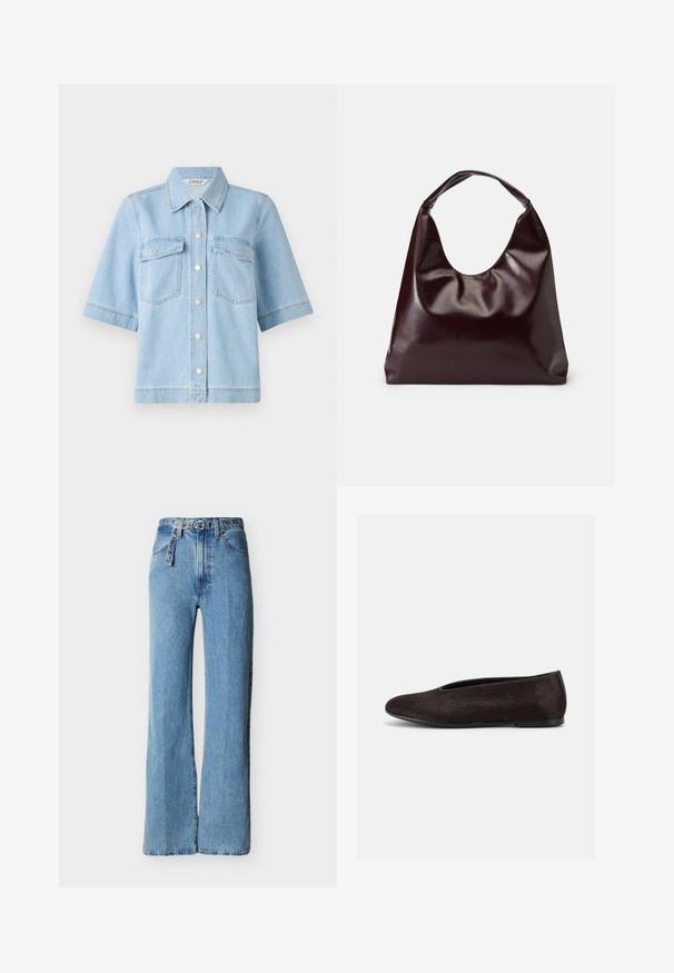 Lyseblå denim kortærmet skjorte med spidse kraver, to brystlommer og sølvfarvede trykknapper foran. Ren, glat tekstur.; Lyseblå jeans i høj talje med vide ben, fem lommer og et matchende bælte i denim med metaløjer og spænde.; Sort flad balletskøjte med rundet tå og glat, let tekstureret overdel set fra siden på en ensartet lys baggrund.; Bordeaux, skinnende vegansk læder tote taske med en blød, skulpturel form og et bredt, buet håndtag for nem bæring.