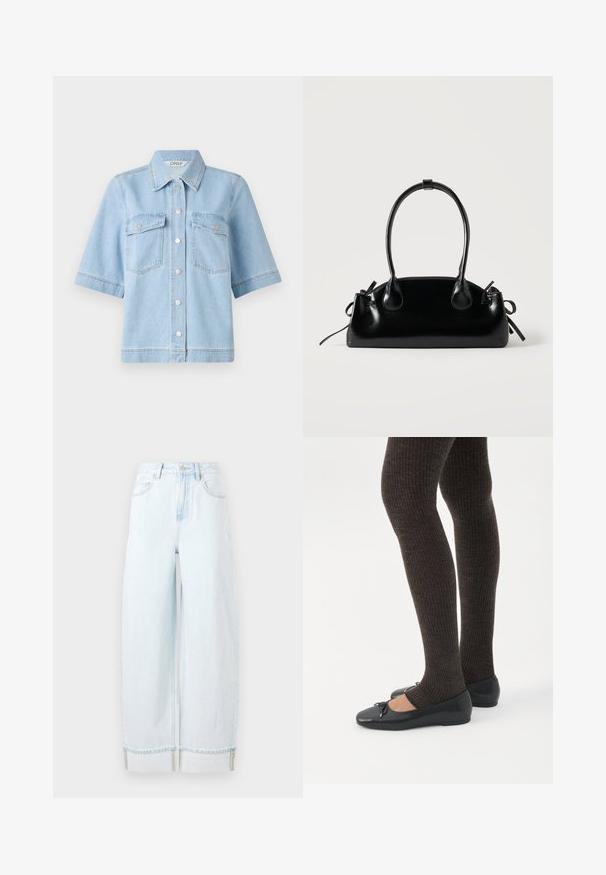 Lyseblå denim kortærmet skjorte med spidse kraver, to brystlommer og sølvfarvede trykknapper foran. Ren, glat tekstur.; Lyseblå vidde jeans lavet af denim, med høj talje, forlommer og en rullet kant med synlige syninger.; Ben iført mørke ribbede leggings kombineret med sorte balletsko med små sløjfedetaljer på hvid baggrund.; Lille sort blank håndtaske med to lange håndtag og snøre-detaljer i siden på en ensfarvet lys baggrund.