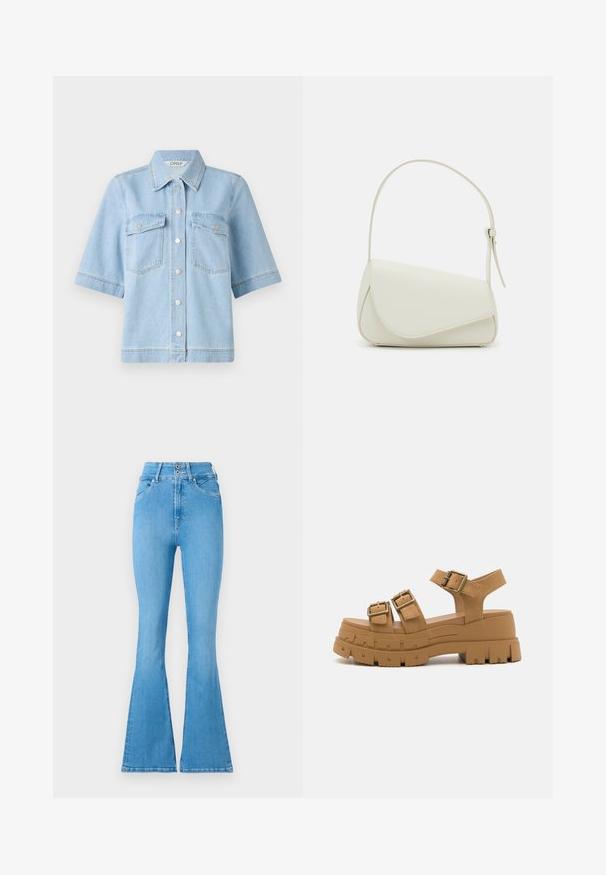 Lyseblå denim kortærmet skjorte med spidse kraver, to brystlommer og sølvfarvede trykknapper foran. Ren, glat tekstur.; Lyseblå denim flared jeans med høj talje, der har en dobbelte knaplukning og subtile syninger. Glat tekstur overalt.; Chunky hæle sandaler i tan syntetisk materiale, med tre justerbare spænder, en robust sål med strukturerede riller.; Hvid taske i faux læder med en struktureret trekantet form, enkelt justerbart skulderstrop og en flaplås med kurver.