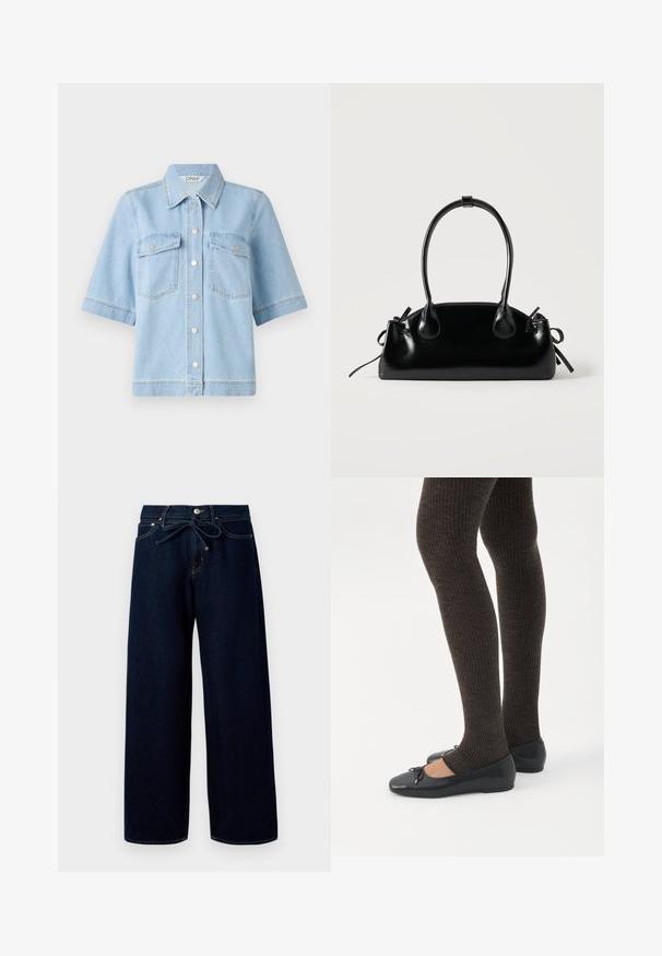 Lichtblauwe denim overhemd met korte mouwen, een puntige kraag, twee borstzakken en zilveren drukknoopjes aan de voorkant. Schone, gladde textuur.; Donkerblauwe wijde jeans van denim, met een sluiting met knoppen aan de voorkant en een trekkoord in de taille, versierd met contrasterende stikdetails.; Benen met donkere geribbelde leggings gecombineerd met zwarte ballerina's met kleine strikdetails op een witte achtergrond.; Kleine zwarte glanzende handtas met twee lange hengsels en zijkant trekkoord details op een effen lichte achtergrond.
