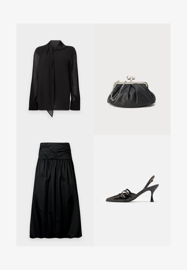 Blouse noire en tissu lisse et transparent. Dotée d'un col drapé et de manches longues avec poignets boutonnés. L'ourlet est pointu à l'avant.; Jupe noire mi-longue avec un design froncé, fabriquée dans un matériau lisse. Elle présente une large ceinture froncée en haut.; ALOHAS JOELLE ONIX - Escarpins - black; Porte-monnaie en cuir noir avec texture froncée, cadre en métal argenté, fermeture à verrouillage kiss-lock et bandoulière en chaîne. Surface lisse et douce.