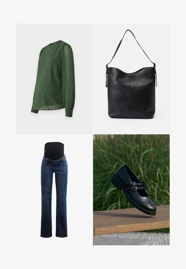 Groene blouse met een getextureerd chevronpatroon, lange mouwen, een ronde halslijn en een iets losse pasvorm met gerimpelde manchetten.; Zwangerschapsjeans met een rekbare zwarte bovenrand, blauwe denimstof, rechte pijpen, en een vijf-pocket ontwerp met beltlussen.; Zwarte leren Mary Jane-schoen met dubbele gespsluitingen en brogue-details, zwevend boven een houten bankje met groene grasachtergrond.; Zwarte leren schoudertas met een gladde textuur, ronde bovenkant, enkele schouderband en een minimalistisch ontwerp zonder zichtbare hardware.