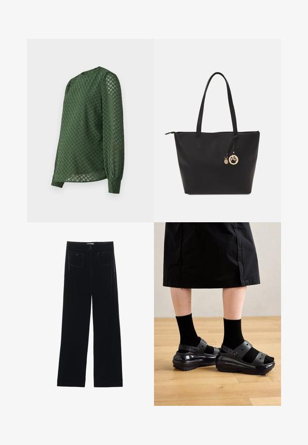 Blouse verte avec un motif de chevron texturé, manches longues, encolure ronde et une coupe légèrement ample avec des poignets froncés.; Pantalons larges en velours noir avec deux poches arrière et une texture lisse, présentant une coupe droite et une finition ourlée aux chevilles.; Sandales noires, massives avec une finition brillante et deux sangles réglables, portées avec des chaussettes noires. Posées sur un sol en bois texturé.; Sac à main noir en matériau synthétique lisse, doté de deux longues poignées, d'une fermeture éclair et d'un charm en or avec un logo circulaire.