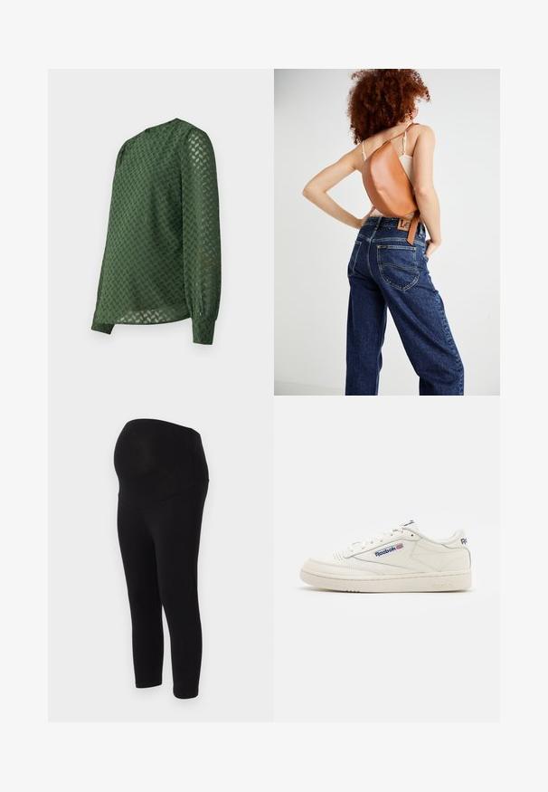 Blouse verte avec un motif de chevron texturé, manches longues, encolure ronde et une coupe légèrement ample avec des poignets froncés.; Leggings de maternité noirs avec une taille haute qui s'adapte à un ventre qui grossit. Fabriqués en tissu extensible et léger pour un confort optimal.; Baskets blanches en cuir avec une semelle en caoutchouc texturée, bout arrondi et logo Reebok en bleu. Design minimaliste avec des accents cousus.; Sac à dos en cuir marron avec un design incurvé unique. Porté en diagonale, associé à un jean en denim bleu taille haute avec des coutures jaunes.