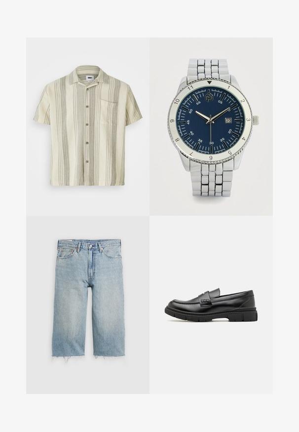 Kurzarm-Hemd mit Knopfleiste in hellbeige mit vertikalen grauen Streifen. Verfügt über eine Brusttasche und ein strukturiertes Gewebe.; Hellblaue Denim-Shorts mit geradem Schnitt, fransigem Saum, fünf Taschen und Knopfverschluss an der Taille.; Schwarze Lederloafer mit einem breiten Riemen über dem Rist, Gummisohle mit dicken Profilen und glatter Textur. Klassisches, schlankes Design.; Silberne Metalluhr mit rundem blau strukturiertem Zifferblatt, silbernen Stundenmarkierungen und Datumsanzeige. Verfügt über ein Armband aus Edelstahl.