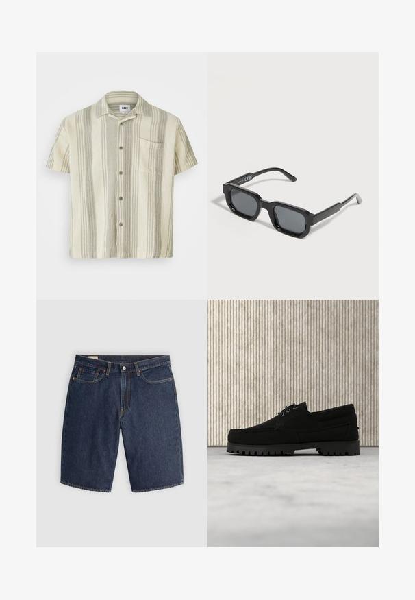 Kurzarm-Hemd mit Knopfleiste in hellbeige mit vertikalen grauen Streifen. Verfügt über eine Brusttasche und ein strukturiertes Gewebe.; Dunkelblaue Denim-Shorts, ausgestattet mit einem klassischen Design, fünf Taschen, gestickten Nähten, einem Knopfverschluss und geschwungenen Gesäßtaschen.; Schwarzer Schnürschuh mit dicker, profilierter Sohle schwebt über beigem Teppich, brauner moderner runder Tisch vor weichem, beleuchtetem Hintergrund.; Schwarze rechteckige Sonnenbrille mit dicken Rahmen und dunkel getönten Gläsern, schräg auf weißem Hintergrund.