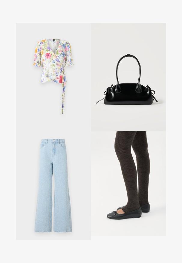 Haut floral à manches bouffantes en tissu léger, avec un décolleté en V et un lien à la taille. Motif floral multicolore sur l'ensemble.; Jean en denim bleu clair à jambes larges avec une taille haute, dotés d'une fermeture à bouton, de cinq poches et d'une texture légèrement délavée.; Jambes portant des leggings côtelés foncés associés à des ballerines noires avec de petits détails en nœud sur fond blanc.; Petit sac à main noir brillant avec deux longues anses et des détails à cordon sur les côtés sur un fond clair uni.