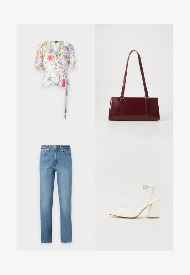 Haut floral à manches bouffantes en tissu léger, avec un décolleté en V et un lien à la taille. Motif floral multicolore sur l'ensemble.; Jean bleu clair en denim, avec une coupe droite, cinq poches et une ceinture standard avec une fermeture avant par bouton et zip.; Sandale blanche à talon avec un bout pointu, sangle de cheville réglable et un talon carré épais. Texture lisse avec des détails de couture minimaux.; Sac à main bordeaux en matériau brillant, de forme rectangulaire, avec deux anses et des accents légèrement courbés à l'avant.
