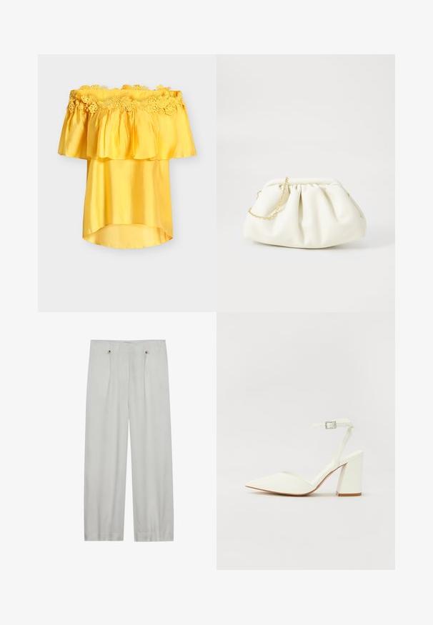 Blouse jaune épaules dénudées avec bordure en dentelle florale et encolure à volants, confectionnée dans un tissu léger légèrement brillant.; Pantalons taille haute en gris clair, à jambes larges, fabriqués en tissu doux. Comprend deux plis avant, deux boutons de fermeture et une texture lisse.; Sandale blanche à talon avec un bout pointu, sangle de cheville réglable et un talon carré épais. Texture lisse avec des détails de couture minimaux.; Sac à main en cuir blanc avec un design plissé, doté d'une bandoulière en chaîne dorée et d'une forme arrondie. Texture lisse avec des plis doux et sans motifs.