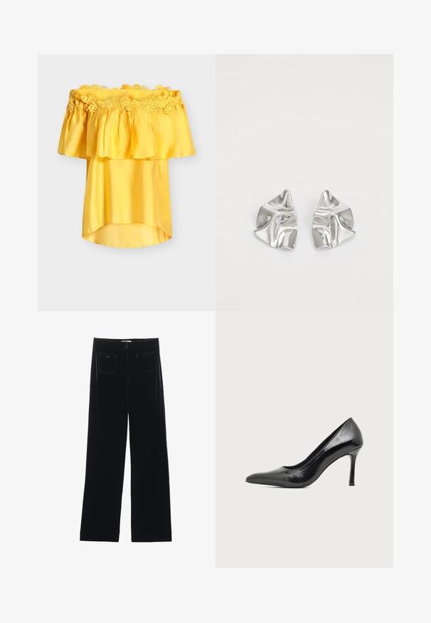 Blouse jaune épaules dénudées avec bordure en dentelle florale et encolure à volants, confectionnée dans un tissu léger légèrement brillant.; Pantalons larges en velours noir avec deux poches arrière et une texture lisse, présentant une coupe droite et une finition ourlée aux chevilles.; Chaussure à talon haut pour femme en cuir verni noir avec bout pointu et talon fin sur fond clair uni.; Boucles d'oreilles en métal argenté avec un design ondulé et sculptural, présentant une finition polie et des formes irrégulières, mettant en valeur une esthétique contemporaine.