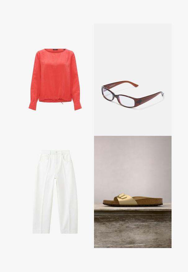 Rode linnen blouse met een ronde halslijn, lange mouwen en een gathering met trekkoord aan de onderkant. Effen structuur zonder zichtbare patronen of accenten.; Witte, rechte spijkerbroek met hoge taille, voorzakken, riemlussen en een knoopsluiting.; Gouden synthetische slipper met een enkele band en een gespaccent, met een bruine kurken voetbed en een gestructureerde rubberen zool.; Bruin getinte rechthoekige brillen met een glanzende afwerking, met slanke pootjes en doorzichtige glazen. Logo zichtbaar op de linkertempel.