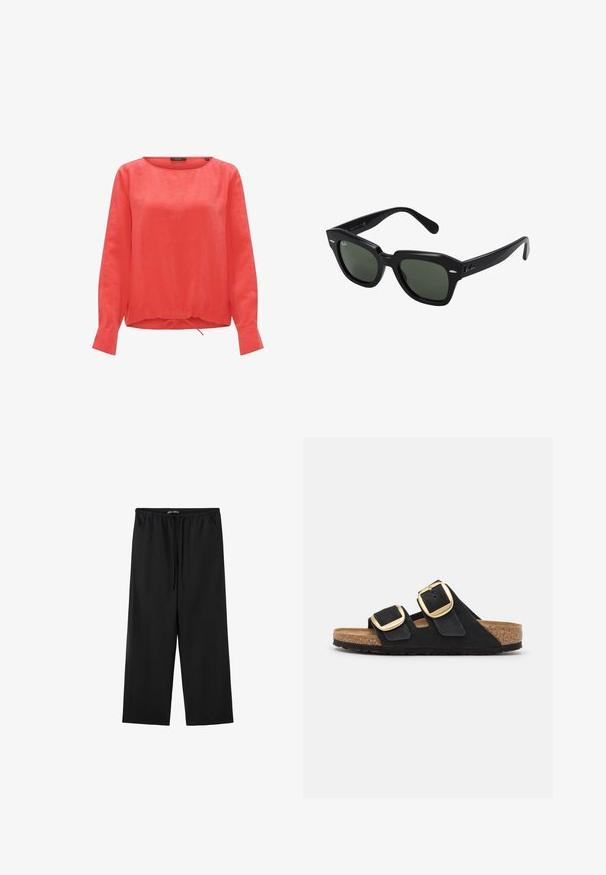 Rode linnen blouse met een ronde halslijn, lange mouwen en een gathering met trekkoord aan de onderkant. Effen structuur zonder zichtbare patronen of accenten.; Zwarte broek met wijde pijpen, elastische tailleband en trekkoord, met zijzakken en een losse pasvorm.; Zwarte suède instapsandalen met twee brede bandjes, elk met een grote gouden gesp, en een natuurlijke kurken voetbed met een gestructureerde rubberen zool.; Zwarte vierkante zonnebril met donker groene lenzen, uitgerust met gedurfde monturen en zilveren accenten aan de zijkanten. Gemaakt in Italië.