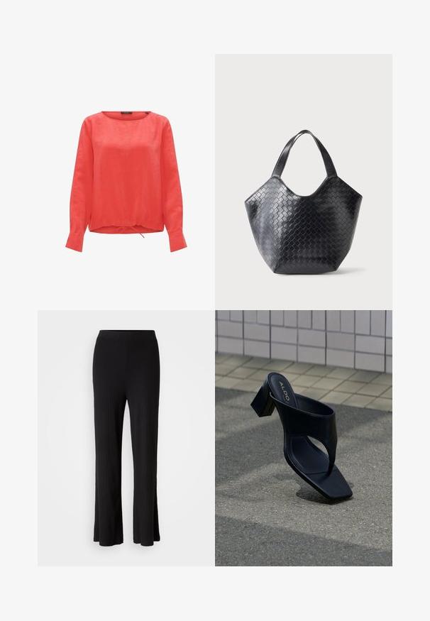 Rode linnen blouse met een ronde halslijn, lange mouwen en een gathering met trekkoord aan de onderkant. Effen structuur zonder zichtbare patronen of accenten.; Zwarte geribde broek met wijd uitlopende pijpen en een soepele, elastische tailleband. De stof is zacht en rekbaar, wat zorgt voor comfort.; Zwarte sandaal met hak, vierkante neus en brede band, geplaatst op grijs asfalt nabij betegelde muur.; Zwarte leren handtas met een geweven patroon, een breed open bovenkant en twee schouderriemen, getoond tegen een effen lichte achtergrond.