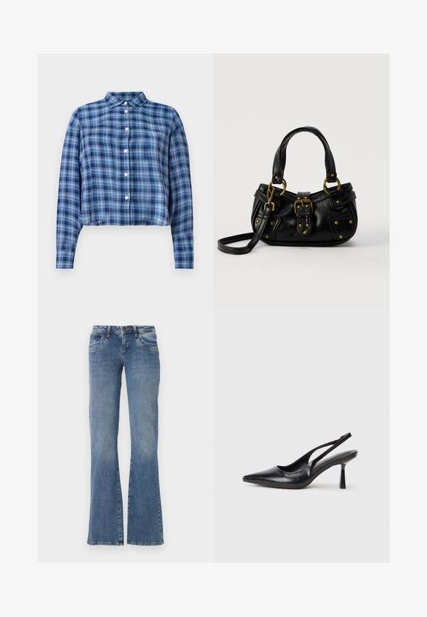 Blau- und schwarzkariertes, langärmliges, cropped Hemd mit spitzem Kragen und weißen Knöpfen in der Mitte, auf einem weißen Hintergrund.; Blaue Denim-Jeans mit Fronttaschen, Gürtelschlaufen und leicht ausgestelltem Beinabschluss, vor einem weißen Hintergrund präsentiert.; Schwarzer Leder Slingback High Heel Schuh mit spitzer Zehenpartie und schmalem Absatz auf einem weißen Hintergrund.; Schwarze Lederhandtasche mit goldener Schnalle und Nieten, kurzen Griffen und einem verstellbaren Schultergurt vor einem schlichten weißen Hintergrund.