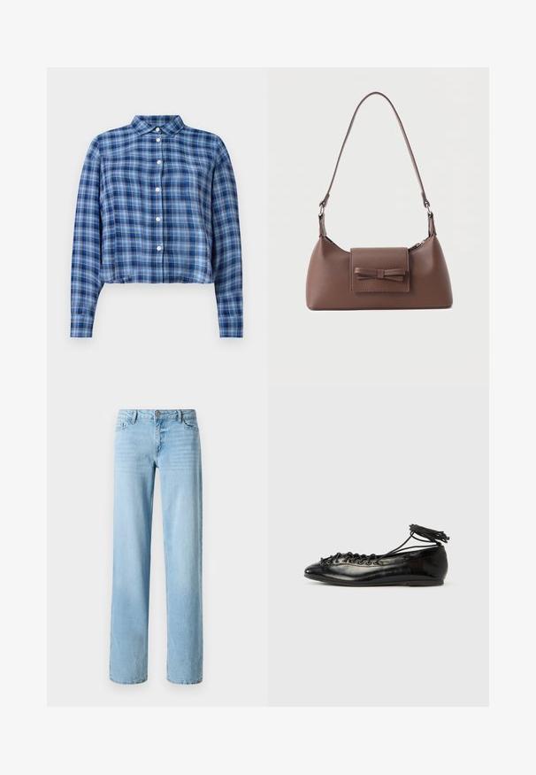 Chemise courte à manches longues en tartan bleu et noir avec col pointu et boutons blancs sur le devant, sur fond blanc.; Jeans en denim bleu clair, design à jambe droite, avec cinq poches et une fermeture à bouton à l'avant. Texture lisse avec un léger délavage.; Ballerines en cuir verni noir avec un bout rond, un design à lacets et une semelle plate. Texture lisse avec peu de détails.; Sac à bandoulière en cuir marron avec une poche à rabat avant ornée d'un détail en forme de nœud cousu et une sangle réglable.