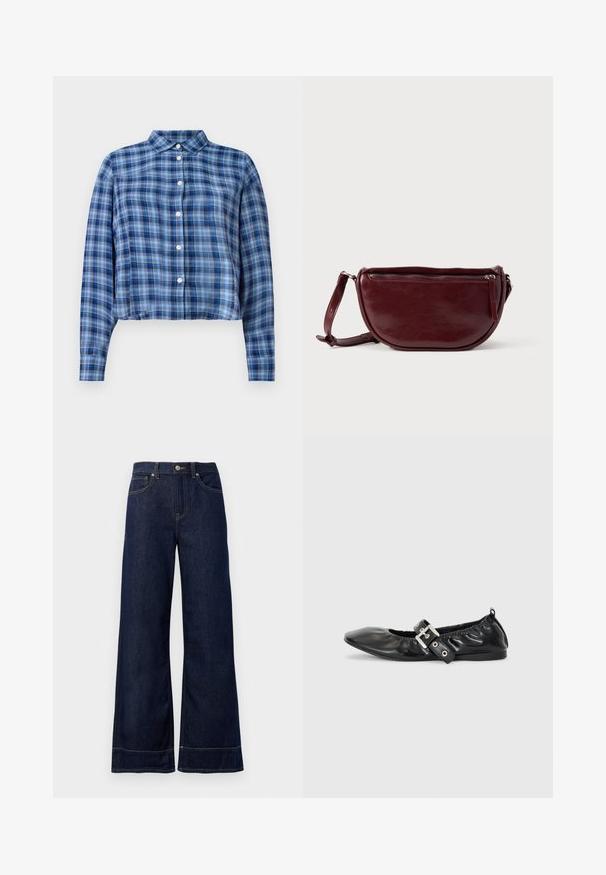 Blå og sort ternet langærmet cropped skjorte med spidse kraver og hvide knapper ned ad fronten på en hvid baggrund.; Mørkeblå brede jeans lavet af denim. Har en knaplukning, stikninger og sidelommer. Udfoldet nederste kant.; Sorte læder flade sko med spids tå, samling detaljer omkring åbningen, og en sølv spænde accent på den justerbare rem.; Vinrød læderhåndtaske med halvmåneform, lynlås og aftagelig rem. Glat tekstur med en subtil glans.